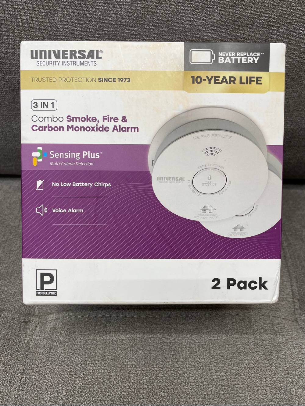 Universal 3-in-1 Smoke Fire & CO Alarm — White with Purple Packaging